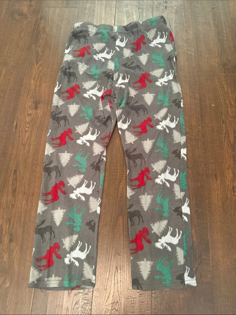 Cozy Moose Print Fleece Lounge Pants - Gray with Red, Green & White